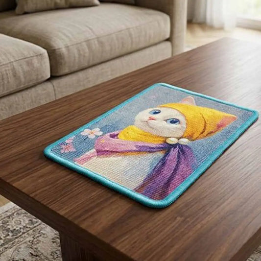 Tapis griffoir pour chat carré, bord bleu turquoise, motif de chat illustré