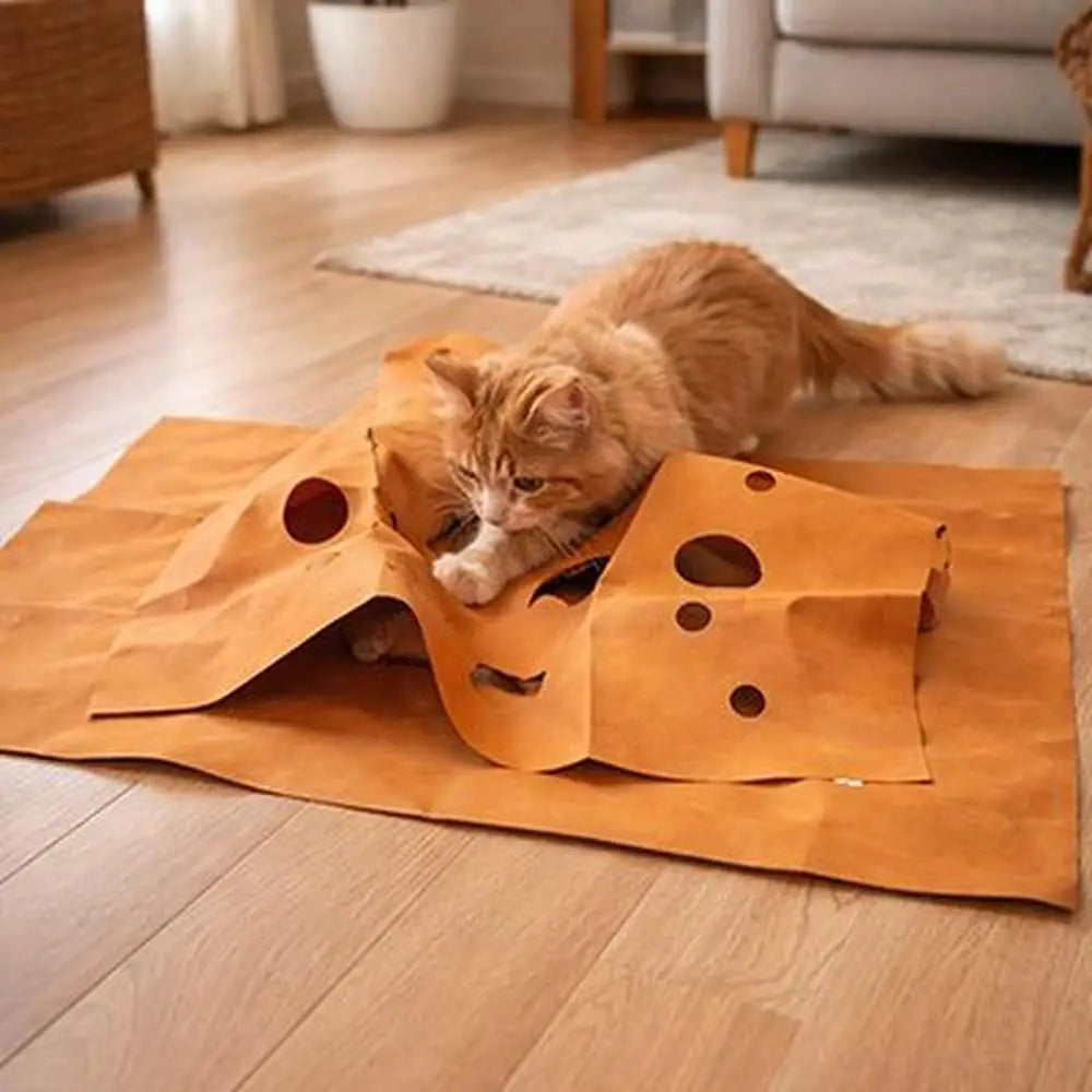 Tapis pour chat en carton brun avec fenêtres ovales et trous ronds, chat roux.