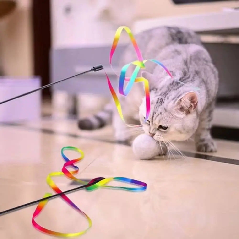 Baguette de jeu pour chat avec ruban multicolore, chat gris tigré au sol