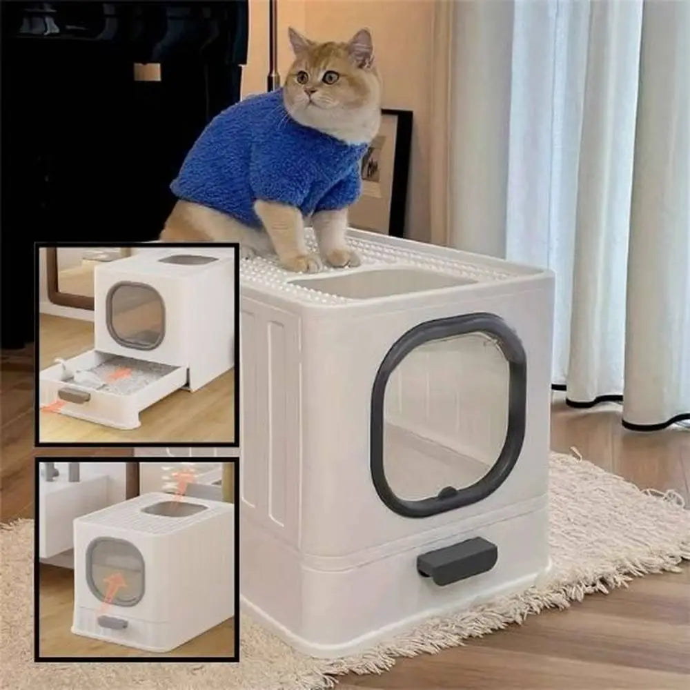 Bac à litière pour chat Ultra-Resist blanc avec hublot ovale gris foncé et poignée frontale.