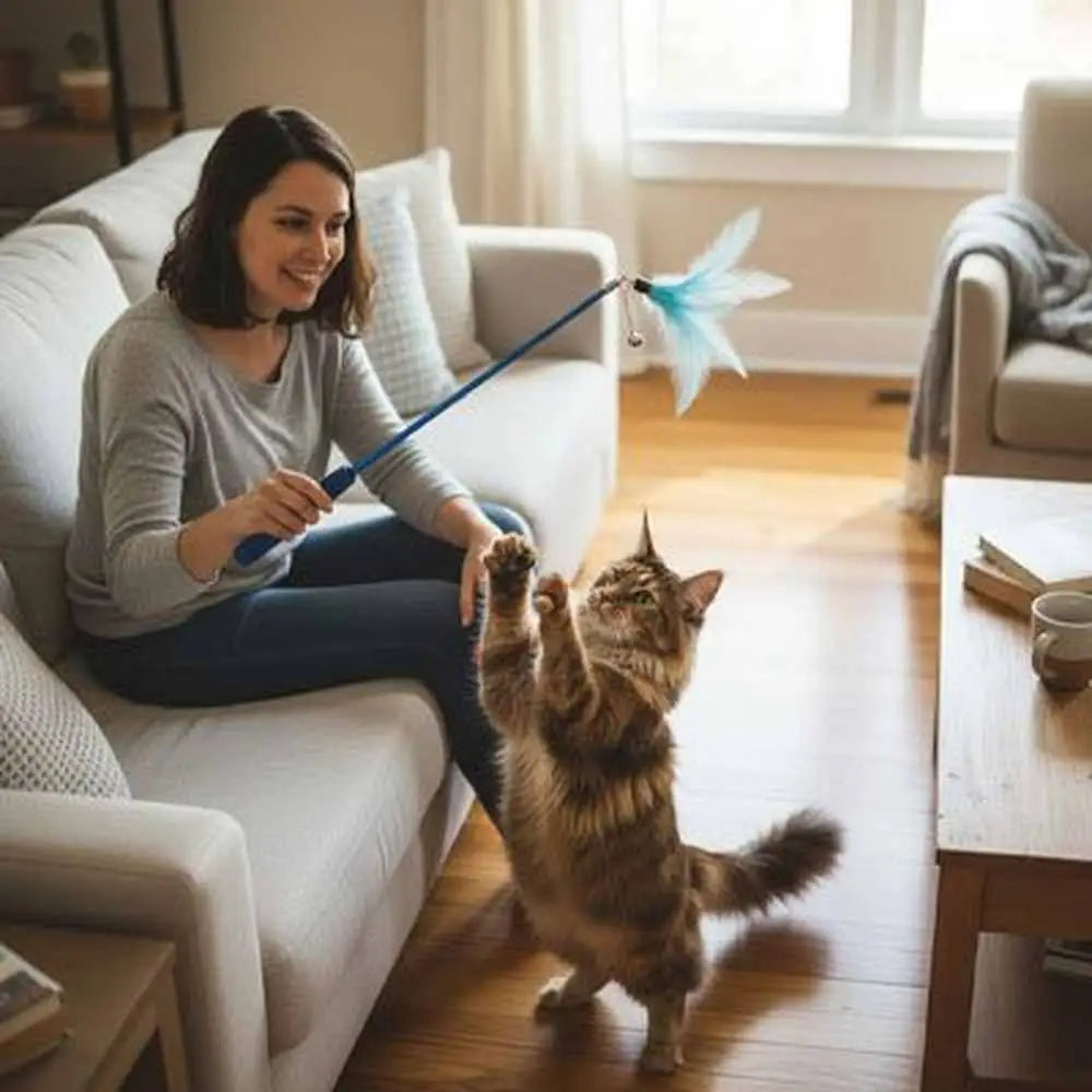 Canne à pêche pour chat avec poignée bleue et plume bleue en bout