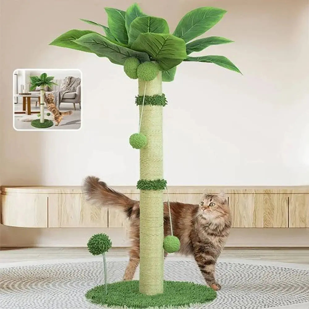 Griffoir pour chat sur poteau crème avec base verte en tapis et feuillage vert