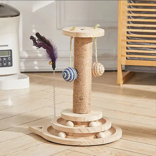 Arbre à chat en bois avec poteau en sisal et plateforme ronde, jouets suspendus