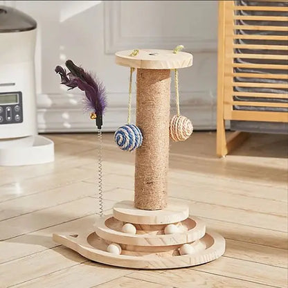 Arbre à chat en bois avec poteau en sisal et plateforme ronde, jouets suspendus