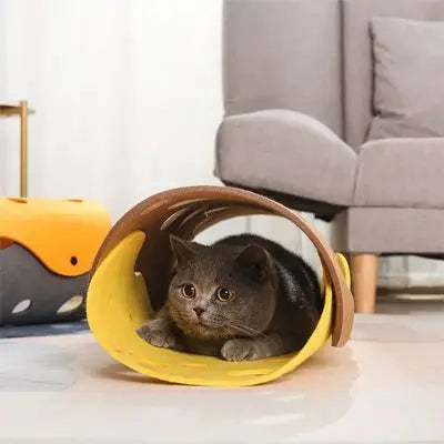 Tunnel pliable pour chat jaune en forme de cercle, avec ouverture frontale.