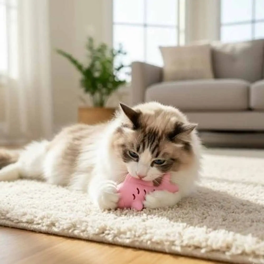 Jeu pour chat en forme de poisson rose, jouet en mousse sous les pattes du chat.