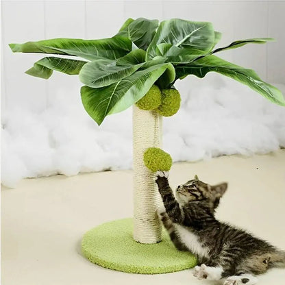 Griffoir pour chat FélinConfort : poteau beige en sisal, base ronde verte, feuilles et boules