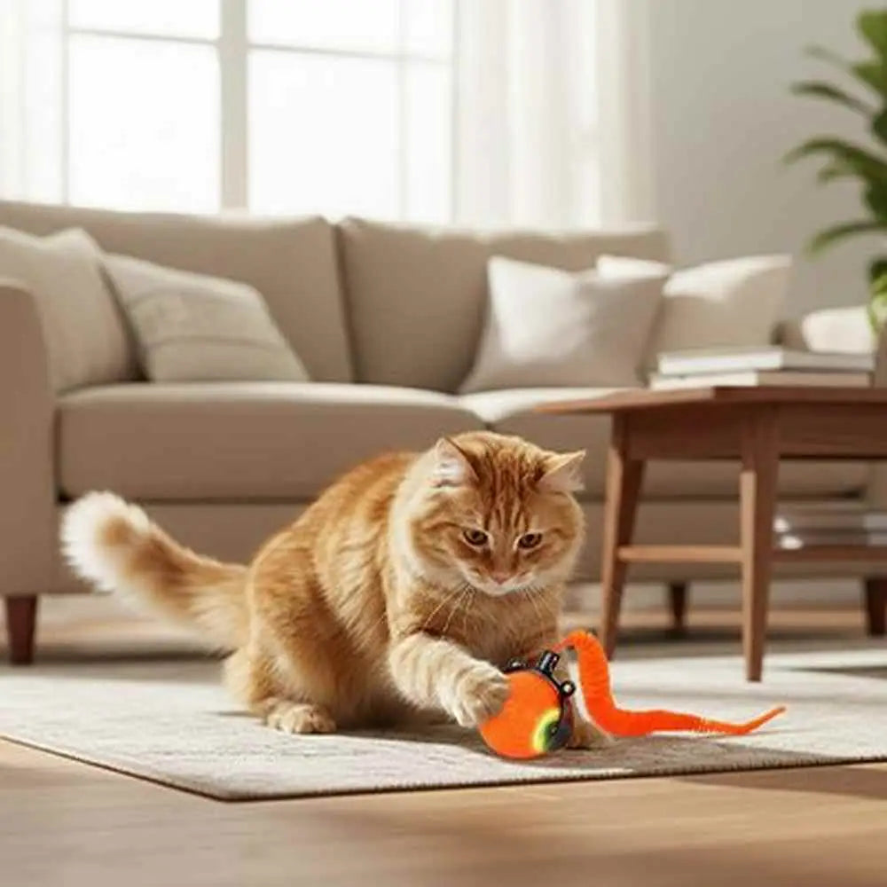 Balle interactive de chat Autonome orange, queue souple et lumière au centre