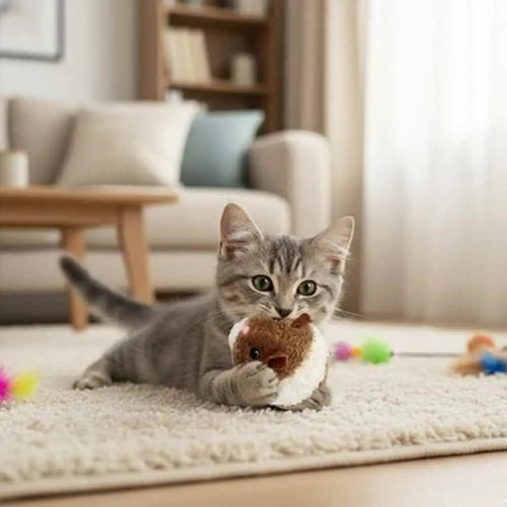 Jouet en peluche pour chaton, souris marron aux oreilles arrondies