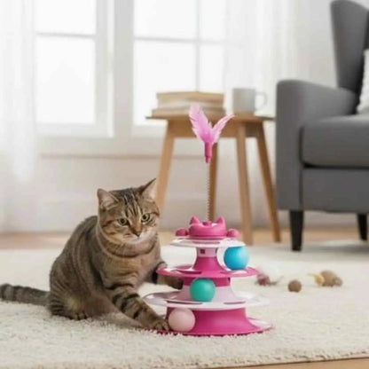 Jeu interactif chat Stimu-Félin rose, plume et boules colorées sur socle à étages