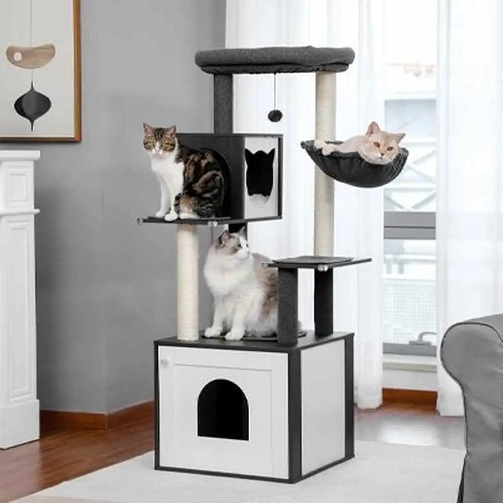 Arbre à chat en bois avec caissons blancs à ouverture, hamac gris et plateformes noires.