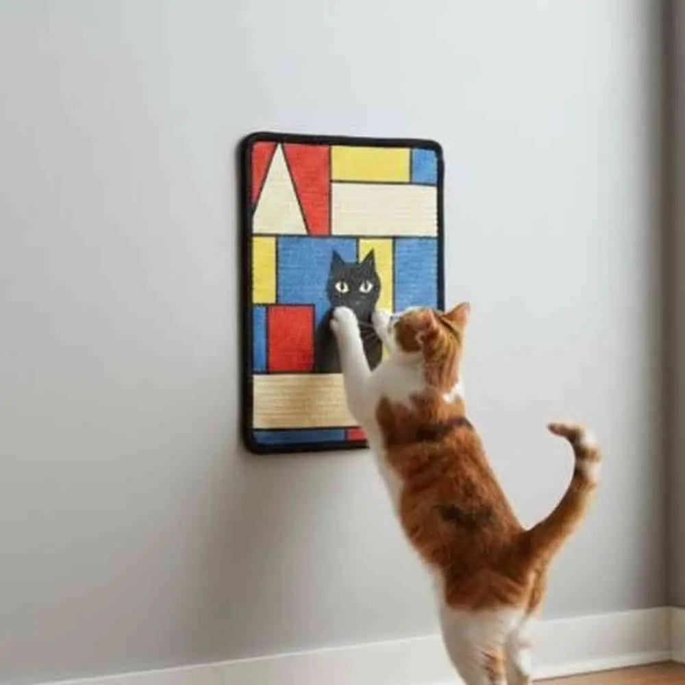 Griffoir mural pour chat avec cadre géométrique coloré et silhouette de chat à gratter