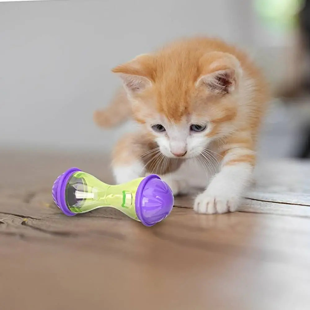 Bouteille jouet pour chat Instinct Félin verte translucide et embouts violets sur sol