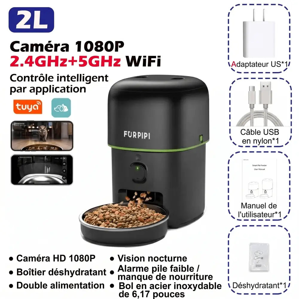 Distributeur de croquettes pour chat noir, caméra 1080P et WiFi indiqués sur l’illustration.