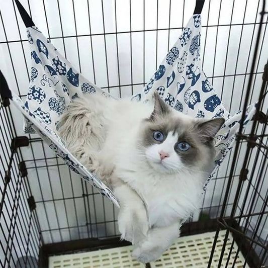 Hamac pour chat bleu et blanc à motifs, avec sangles noires