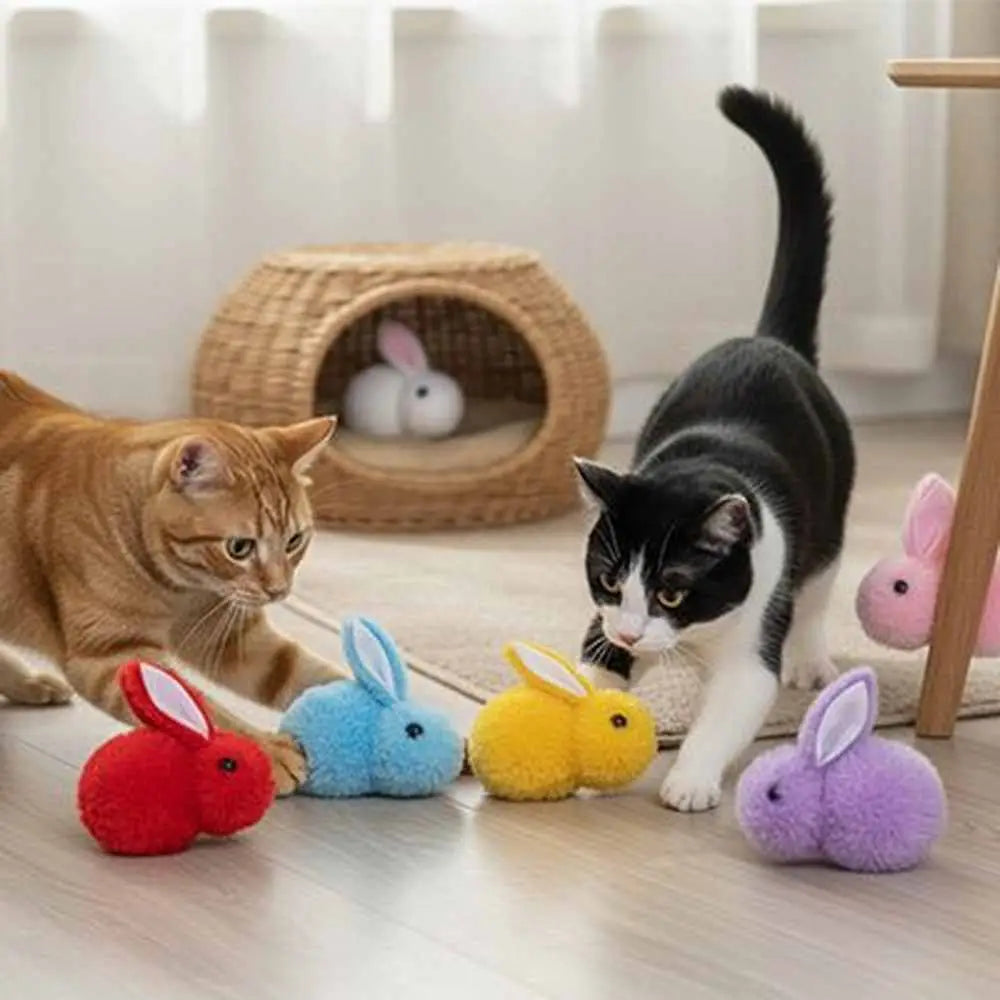 Jeu de peluches lapins pour chat : plusieurs lapins en tissu colorés