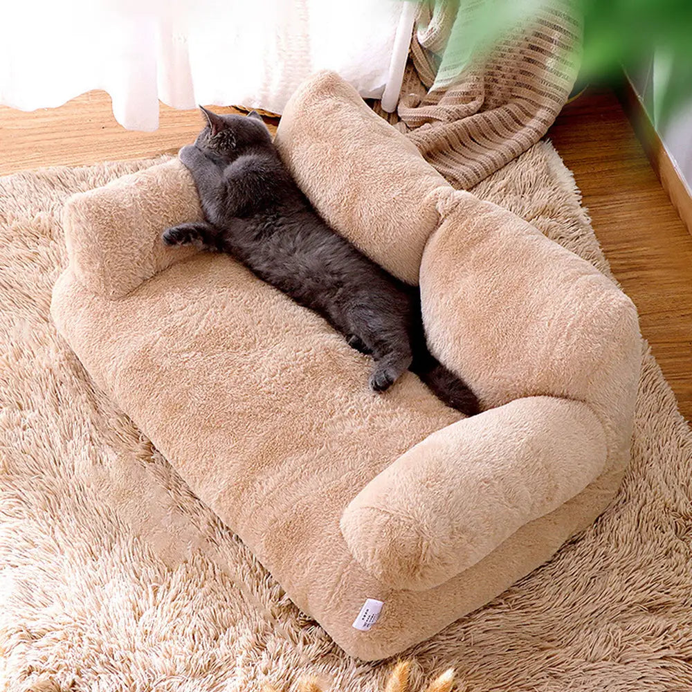 Panier pour chat en peluche beige, bordure en U et coussin épais, chat gris.