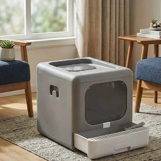 Bac à litière pour chat fermé, coque gris clair et ouverture avec clapet