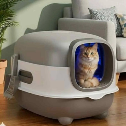 Bac à litière pour chat gris clair et blanc, entrée ronde bleue, chat