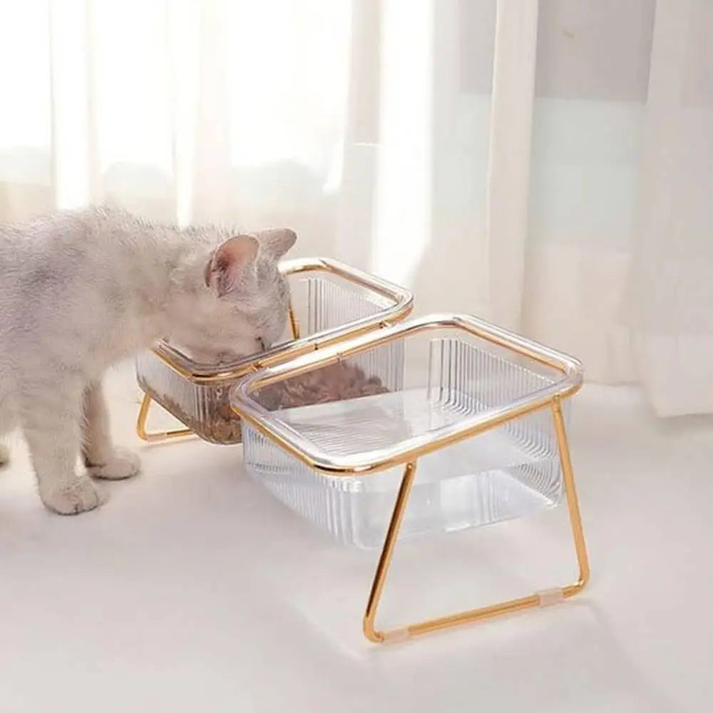 Gamelle pour chat double surélevée, bacs transparents et support métal doré