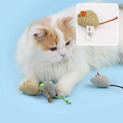 Souris en peluche beige avec cordon rouge, pour jeu du chat