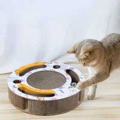 Grattoir rond pour chat PurrRoundScratcher™ avec plateau grattant et balles colorées