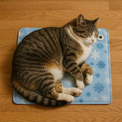 Tapis rafraîchissant pour chat bleu clair à flocons, œillet circulaire sur le coin