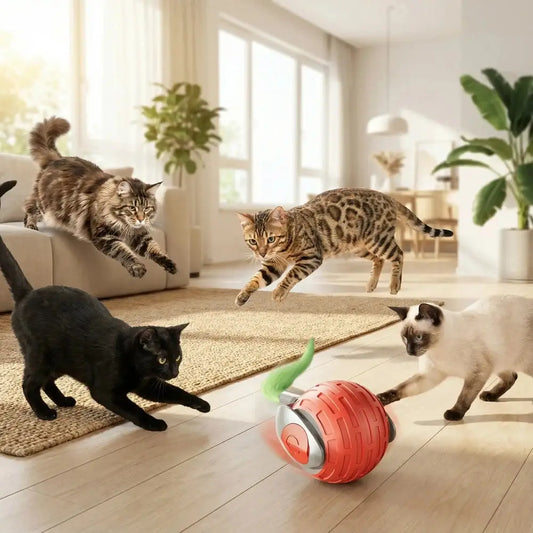 Balle interactive pour chat avec coque rouge et languette verte