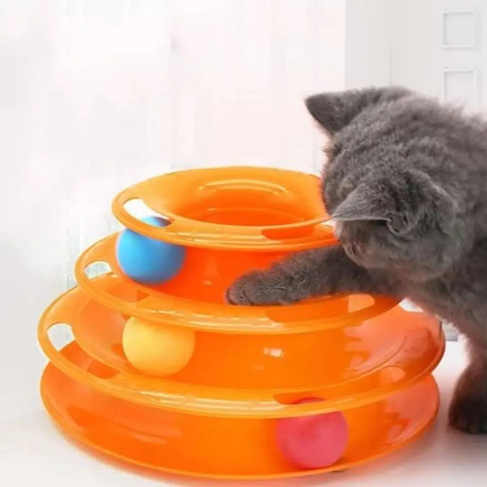 Jouet pour chat circuit de balles 3 niveaux orange, trois plateaux empilés