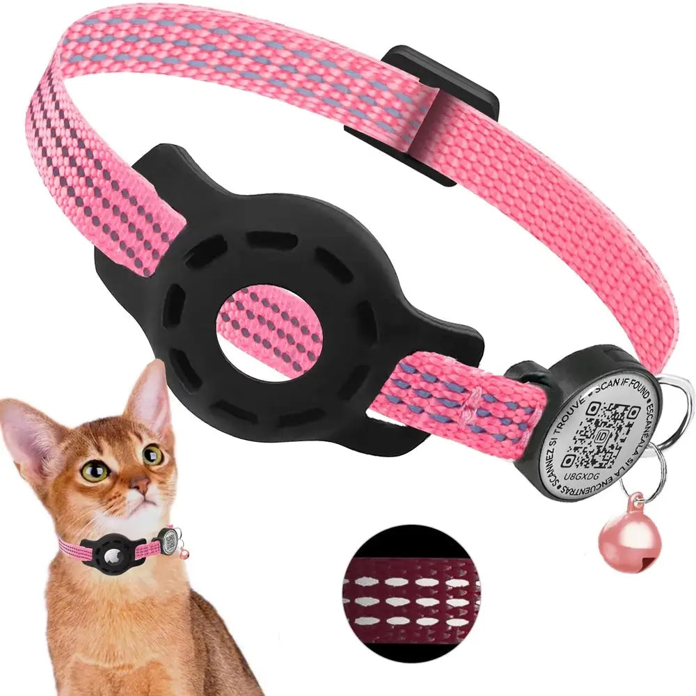 Collier chat rose avec support AirTag, QR code réfléchissant et clochette
