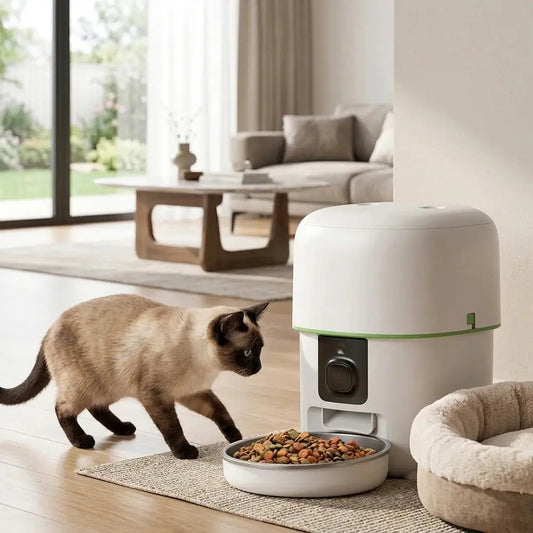 Distributeur de croquettes pour chat blanc à bol rond amovible, panneau de commande latéral.