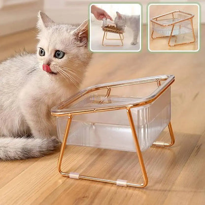 Gamelle pour chat double surélevée, bacs transparents et cadre métal doré