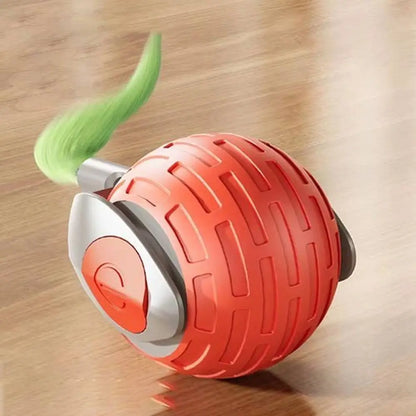 Balle interactive pour chat rouge, détail de la coque et tige verte