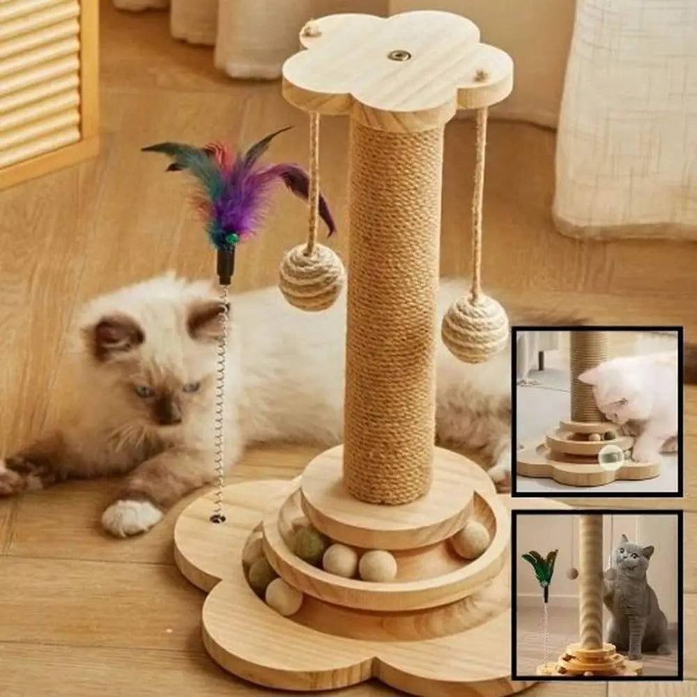 Tour de griffoir pour chat en bois clair, poteau en sisal et base circulaire avec billes