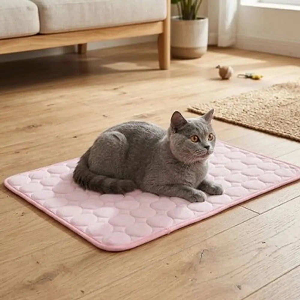 Tapis rafraîchissant pour chat rose clair, surface matelassée, chat gris posé au centre.