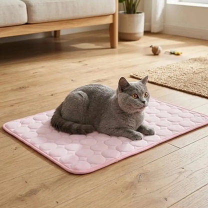 Tapis rafraîchissant pour chat rose clair, surface matelassée, chat gris posé au centre.