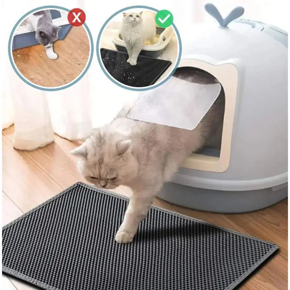 Tapis de litière pour chat double couche imperméable, alvéoles noires avec chat près du bac