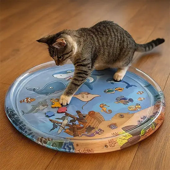Jouet pour chat InteractiFelis bleu avec animaux marins, bord transparent, vue de dessus