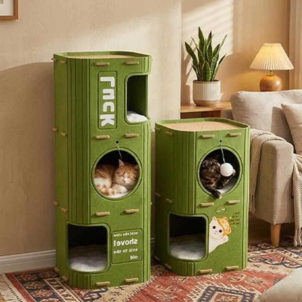 Lot de niches pour chat cubes verts, ouvertures circulaires et portes basses