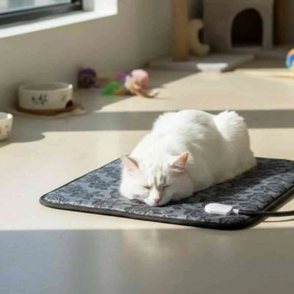 Tapis chauffant pour chat gris foncé à motif, bord noir, chat blanc roulé en boule.