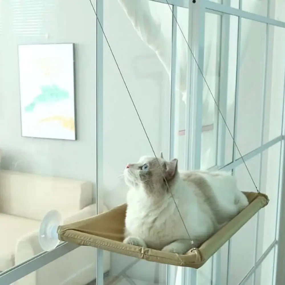 Hamac pour chat suspendu beige, coussin et cordes de suspension