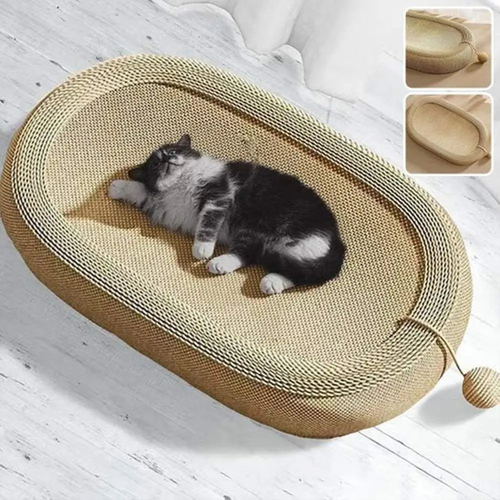 Griffoir pour chat beige ovale à texture tissée, avec boule