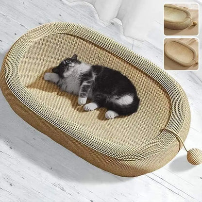 Griffoir pour chat beige ovale à texture tissée, avec boule