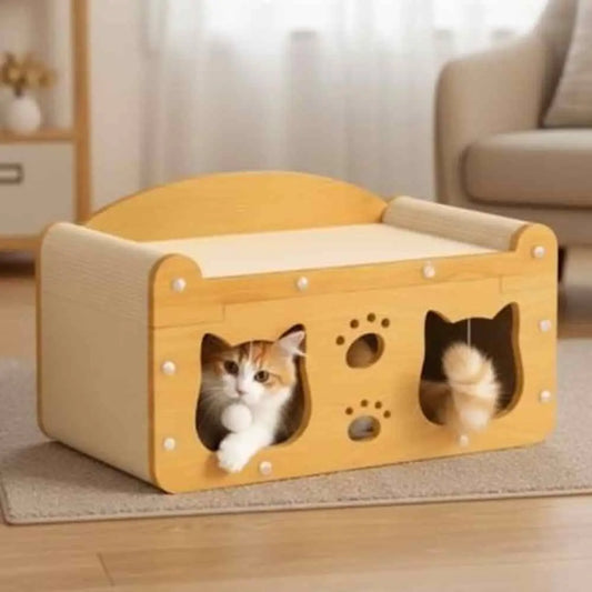 Griffoir pour chat en sisal naturel, caisse en bois clair avec ouvertures arrondies