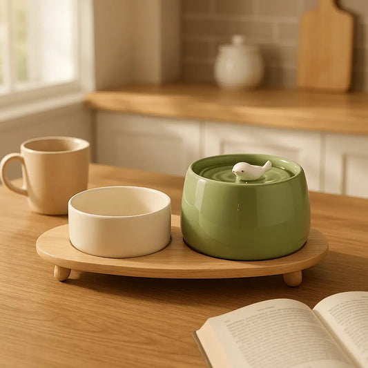 Fontaine à eau pour chat en céramique vert avec bol assorti sur support en bois