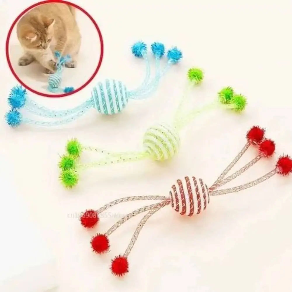 Jouet pour chat StimuCat Interactif, lot de cordes à macher bleu, vert et rouge avec balles rayées
