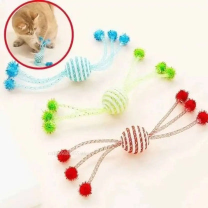 Jouet pour chat StimuCat Interactif, lot de cordes à macher bleu, vert et rouge avec balles rayées