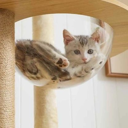 Arbre à chat en bois naturel avec hamac en tissu, chat gris à l’intérieur