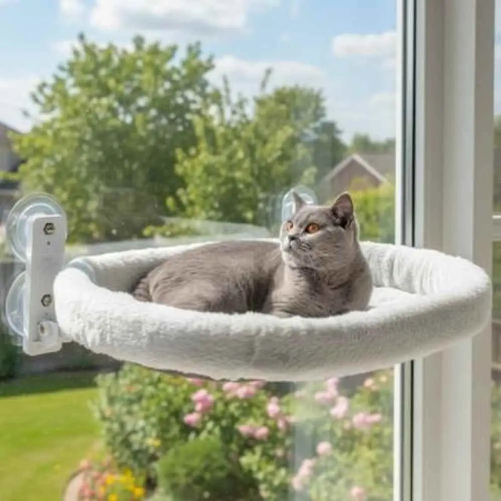 Hamac pour chat en tissu gris clair, coussin circulaire sur support à ventouses