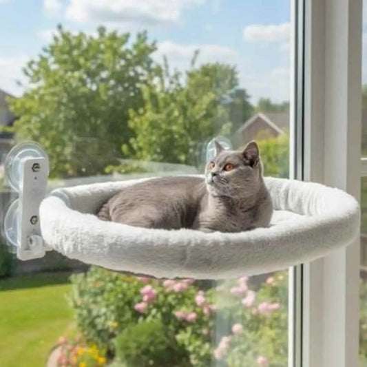Hamac pour chat en tissu gris clair, coussin circulaire sur support à ventouses